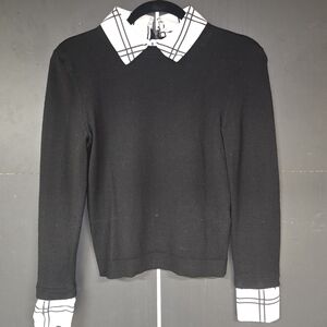 Black Sweater with White Plaid Collar and Cuffs